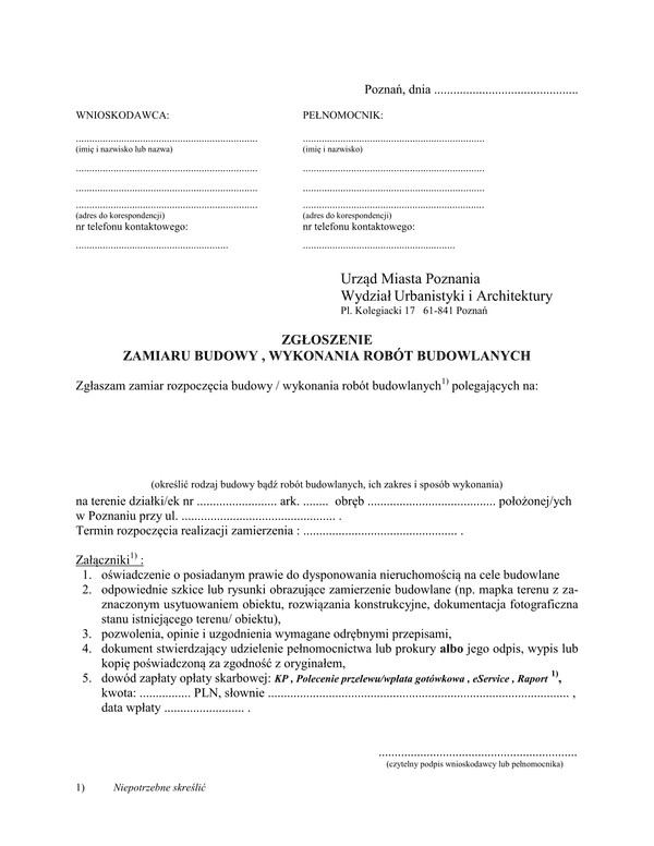 ZRB-Po (archiwalny) Zgłoszenie zamiaru budowy, wykonania robót budowlanych Poznań