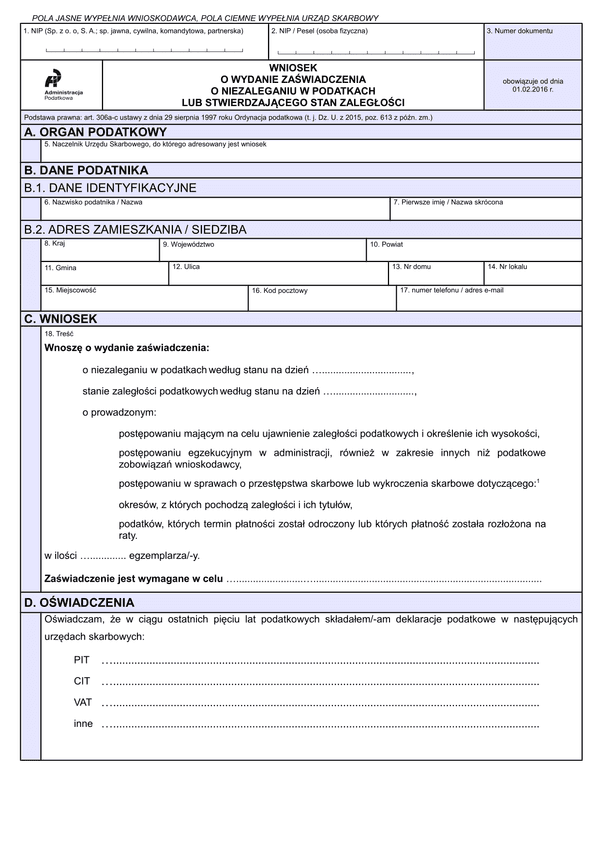 WoZNP (archiwalny) Wniosek o wydanie zaświadczenia o niezaleganiu w podatkach lub stwierdzającego stan zaległości