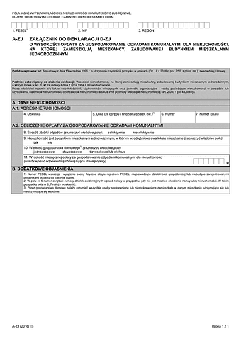A-ZJ Załącznik do deklaracji D-ZJ o wysokości opłaty za gospodarowanie odpadami komunalnymi dla nieruchomości, na której zamieszkują mieszkańcy, zabudowanej budynkiem mieszkalnym jednorodzinnym