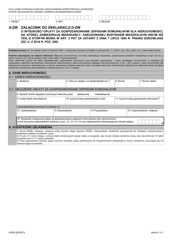 A-ZW (archiwalny) Załącznik do deklaracji D-ZW o wysokości opłaty za gospodarowanie odpadami komunalnymi dla nieruchomości, na której zamieszkują mieszkańcy, zabudowanej budynkiem mieszkalnym wielolokalowym