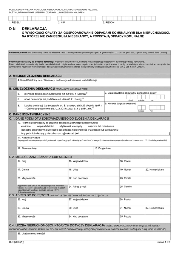 D-N (archiwalny) Deklaracja o wysokości opłaty za gospodarowanie odpadami komunalnymi dla nieruchomości, na której nie zamieszkują mieszkańcy, a powstają odpady komunalne (Warszawa)