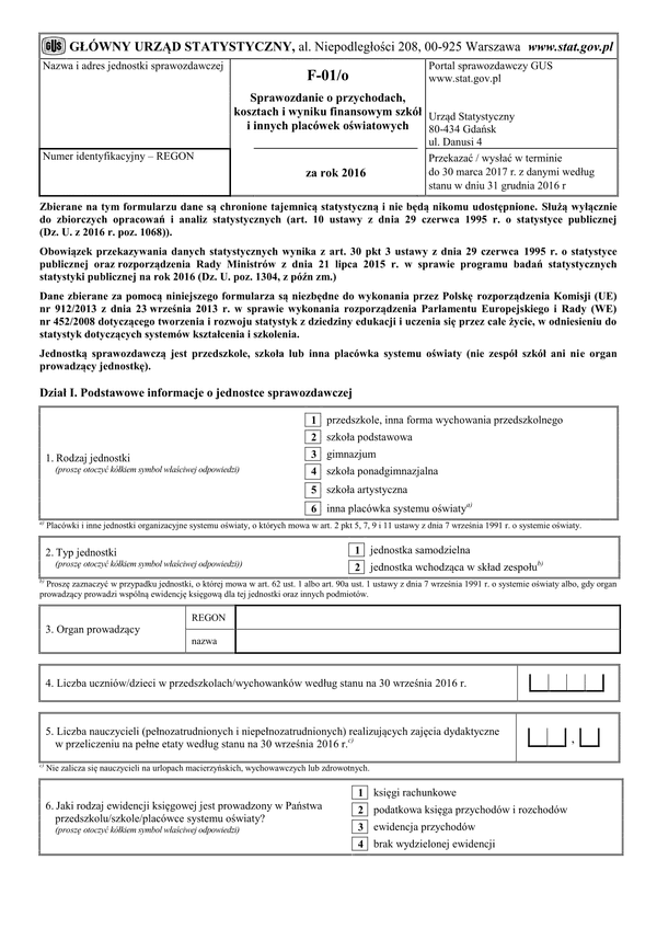 GUS F-01/o (archiwalny) (2016) Sprawozdanie o przychodach, kosztach i wyniku finansowym szkół i innych placówek oświatowych za rok 2016