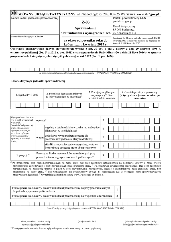 GUS Z-03 (2017) (archiwalny) Sprawozdanie o zatrudnieniu i wynagrodzeniach