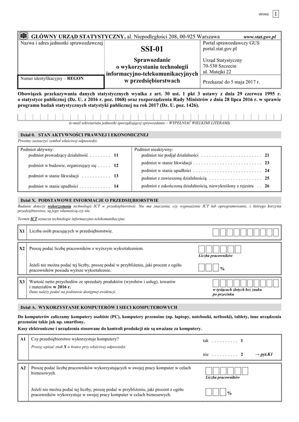 GUS SSI-01 (archiwalny) Sprawozdanie o wykorzystaniu technologii informacyjno-telekomunikacyjnych w przedsiębiorstwach