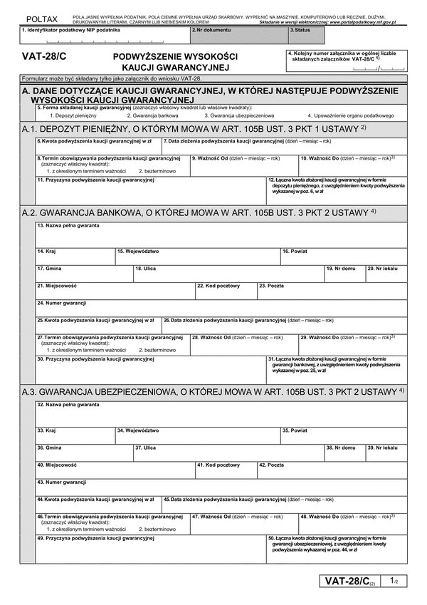 VAT-28/C (2) (archiwalny) Podwyższenie wysokości kaucji gwarancyjnej