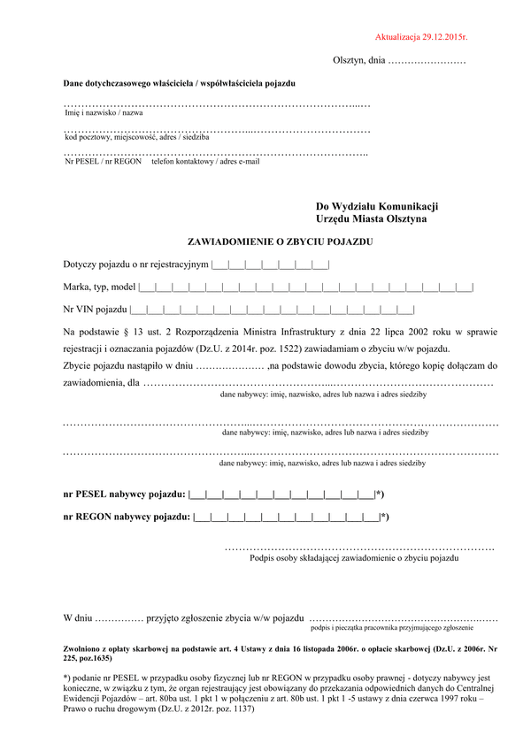 ZZP-Ol (archiwalny) Zawiadomienie o zbyciu pojazdu Olsztyn