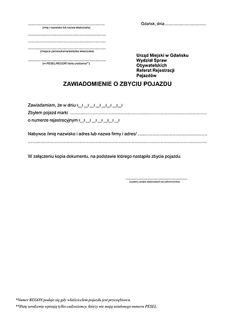 ZZP-G Zawiadomienie o zbyciu/nabyciu pojazdu Gdańsk