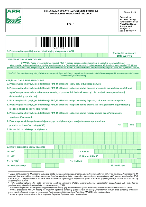 ARR FPZ_f1 1.0 (archiwalny) Deklaracja wpłaty na fundusze promocji produktów rolno-spożywczych