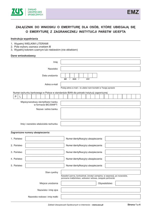 ZUS EMZ Załącznik do wniosku o emeryturę dla osób, które ubiegają się o emeryturę z zagranicznej instytucji państw UE/EFTA