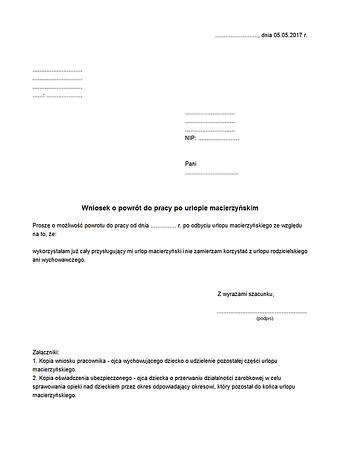 WoPUM Wniosek o powrót do pracy po urlopie macierzyńskim