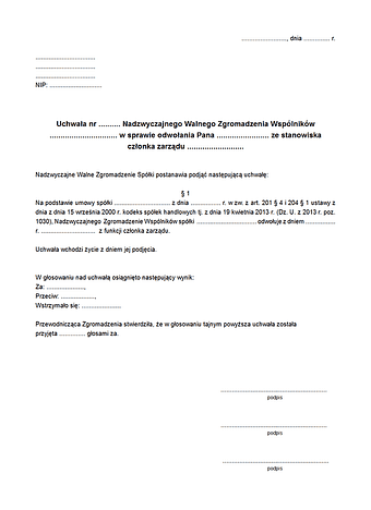 UchOZ Uchwała w sprawie odwołania z funkcji członka/prezesa zarządu