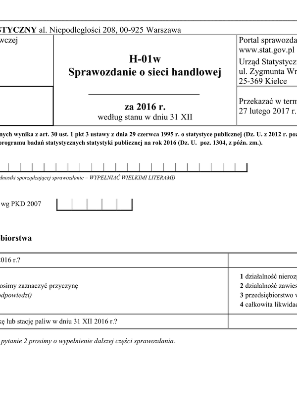 GUS H-01w (2016) (archiwalny) Sprawozdanie o sieci handlowej według stanu w dniu 31 XII 2016 r.