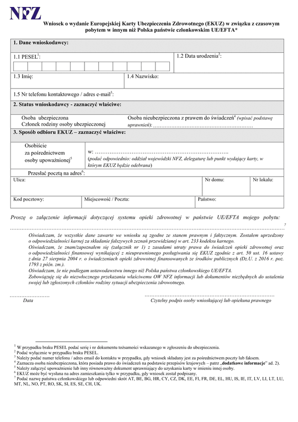 EKUZ-WT (archiwalny) Wniosek o wydanie Europejskiej Karty Ubezpieczenia Zdrowotnego (EKUZ) w związku z czasowym pobytem w innym niż Polska państwie członkowskim UE/EFTA