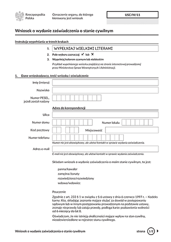 WoWZS Wniosek o wydanie zaświadczenia o stanie cywilnym