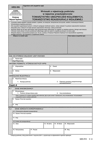 KRS-W8 Wniosek o rejestrację podmiotu w rejestrze przedsiębiorców - towarzystwo ubezpieczeń wzajemnych, towarzystwo reasekuracji wzajemnej