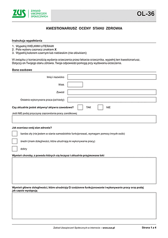ZUS OL-36 Kwestionariusz Oceny stanu Zdrowia