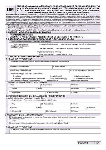 DM Deklaracja o wysokości opłaty za gospodarowanie odpadami komunalnymi dla właścicieli nieruchomości, które w części stanowią nieruchomości zamieszkałe, a w części nieruchomości niezamieszkałe - Kraków