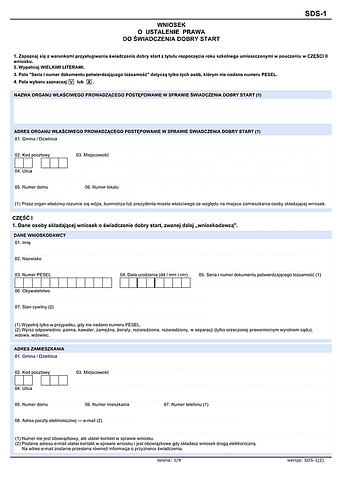 SDS-1 (2) Wniosek o ustalenie prawa do świadczeń dobry start