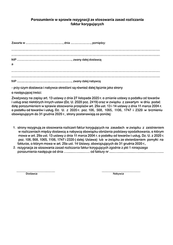 PwSR Porozumienie w sprawie rezygnacji ze stosowania zasad rozliczania faktur korygujących