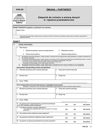 KRS-ZD Zmiana - partnerzy - załącznik do wniosku o zmianę danych w rejestrze przedsiębiorców
