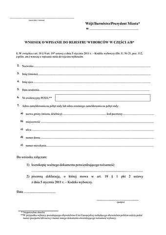 WWPW Wniosek o wpisanie do rejestru wyborców, pisemna deklaracja zawierająca informacje niezbędne do wpisania do rejestru wyborców
