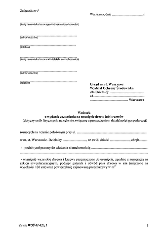 WWD-Wa (OF) Wniosek o wydanie zezwolenia na usunięcie drzew lub krzewów (osoba fizyczna) Warszawa