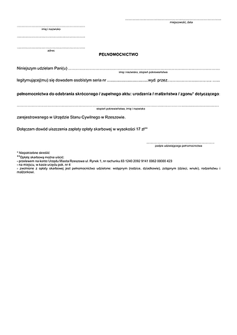 PAC-Rz Pełnomocnictwo do odbioru odpisu aktu stanu cywilnego Rzeszów
