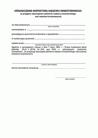 OINI Oświadczenie inspektora nadzoru inwestorskiego (o przyjęciu obowiązków pełnienia nadzoru inwestorskiego nad robotami budowlanymi)