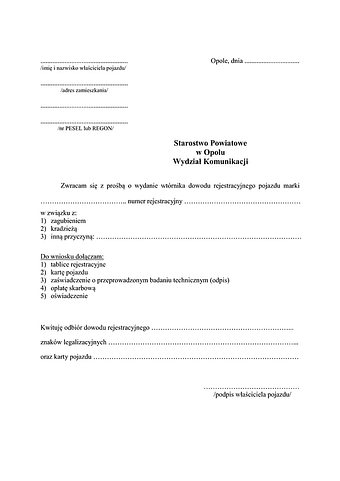 WoWDT-Op(P) Wniosek o wydanie wtórnika dowodu rejestracyjnego powiat Opole