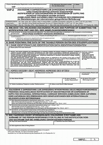 VAP-Z (1) Zgłoszenie o zaprzestaniu lub zawieszeniu wykonywania usług międzynarodowego przewozu okazjonalnego - Notification of discontinuation or suspension of supplying occasional international carriage services - Anmeldung über Aufhören oder Aufhebung