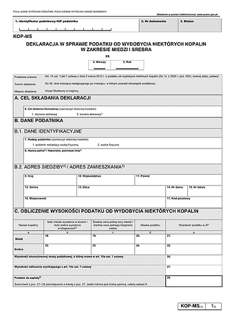KOP-MS Deklaracja w sprawie podatku od wydobycia niektórych kopalin w zakresie miedzi i srebra