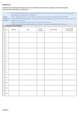 ZD Załącznik do deklaracji DN i DL - Informacja o dodatkowych adresach nieruchomości albo numerach obrębu i numerach działek ewidencyjnych nieujętych w deklaracji