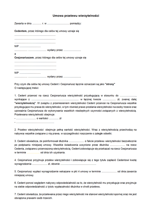 UPW Umowa przelewu wierzytelności
