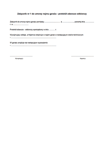 UNG-zal1 Załącznik nr 1 do umowy najmu garażu - protokół zdawczo odbiorczy