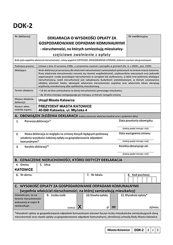 DOK-2 Kat Deklaracja o wysokości opłaty za gospodarowanie odpadami komunalnymi - nieruchomości na których zamieszkują mieszkańcy - Katowice