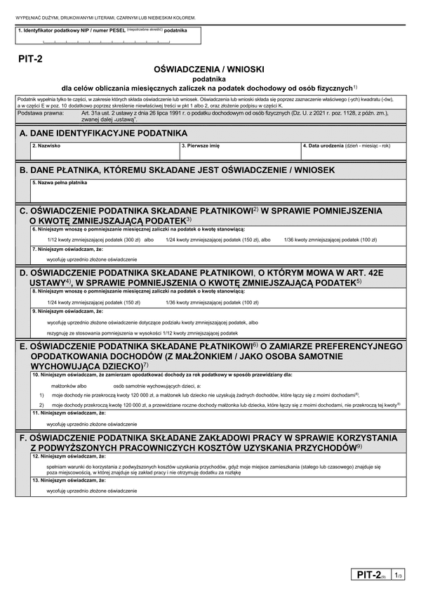 PIT-2 Oświadczenie pracownika dla celów obliczania miesięcznych zaliczek na podatek dochodowy od osób fizycznych