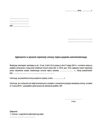 ZwSRU Zgłoszenie w sprawie rejestracji umowy najmu/dzierżawy/leasingu pojazdu samochodowego