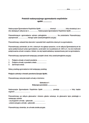 PNZW Protokół nadzwyczajnego zgromadzenia wspólników spółki
