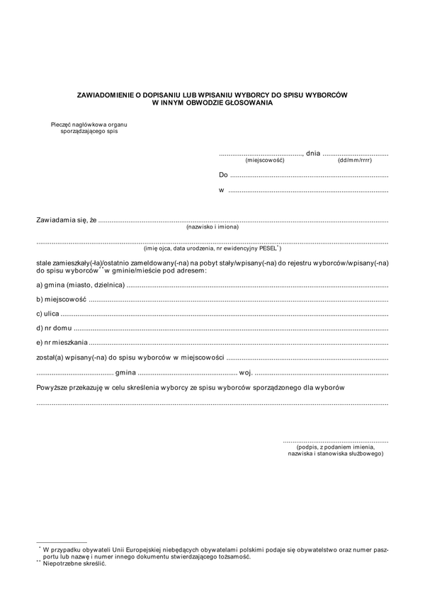 ZawW MSW Zawiadomienie o dopisaniu lub wpisaniu wyborcy do spisu wyborców w innym obwodzie - Ministerstwo Spraw Wewnętrznych