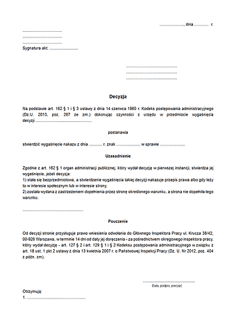 DSWND Decyzja stwierdzająca wygaśnięcie nakazu lub decyzji, od której przysługuje odwołanie do Głównego Inspektora Pracy