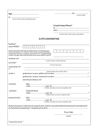 ZOPPW Zawiadomienie o osobach pozbawionych prawa wybierania