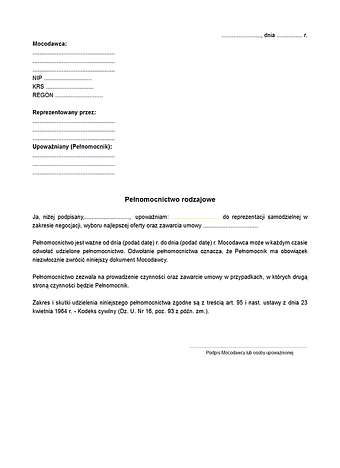 PRZU Pełnomocnictwo rodzajowe do zawarcia umowy