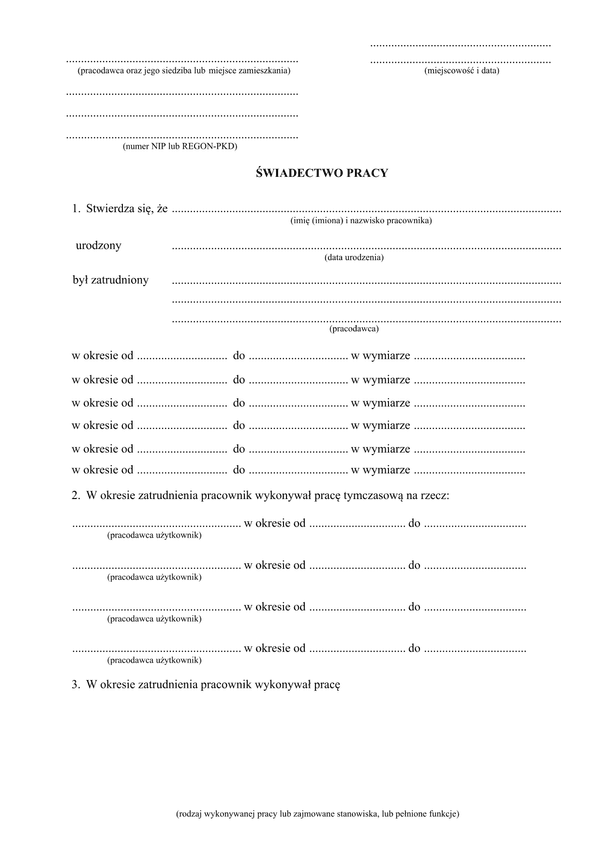 Świadectwo pracy - druk interaktywny online