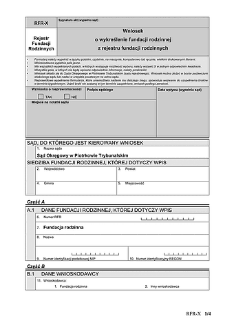 RFR-X Wniosek o wykreślenie fundacji rodzinnej z rejestru fundacji rodzinnych