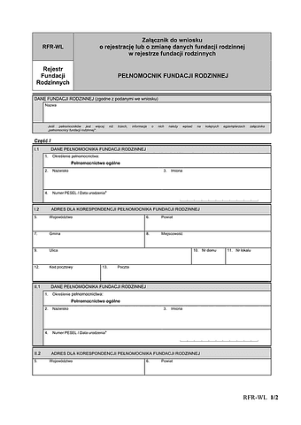 RFR-WL Załącznik do wniosku o rejestrację lub o zmianę danych fundacji rodzinnej w rejestrze fundacji rodzinnych PEŁNOMOCNIK FUNDACJI RODZINNEJ