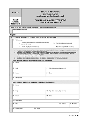 RFR-ZA Załącznik do wniosku o zmianę danych w rejestrze fundacji rodzinnych ZMIANA – JEDNOSTKI TERENOWE FUNDACJI RODZINNEJ