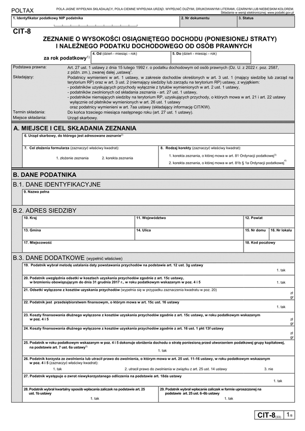 CIT-8 Zeznanie o wysokości osiągniętego dochodu (poniesionej straty)