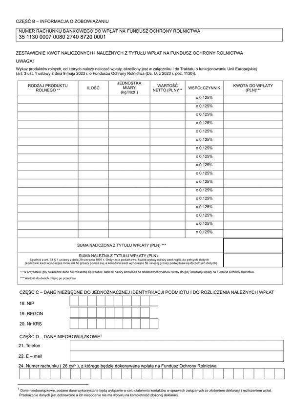 DnpFOR zal Załącznik do deklaracji o wysokości naliczonych wpłat na Fundusz Ochrony Rolnictwa