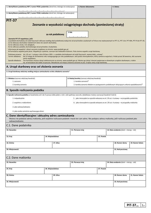 PIT-37 Zeznanie o wysokości osiągniętego dochodu lub poniesionej straty