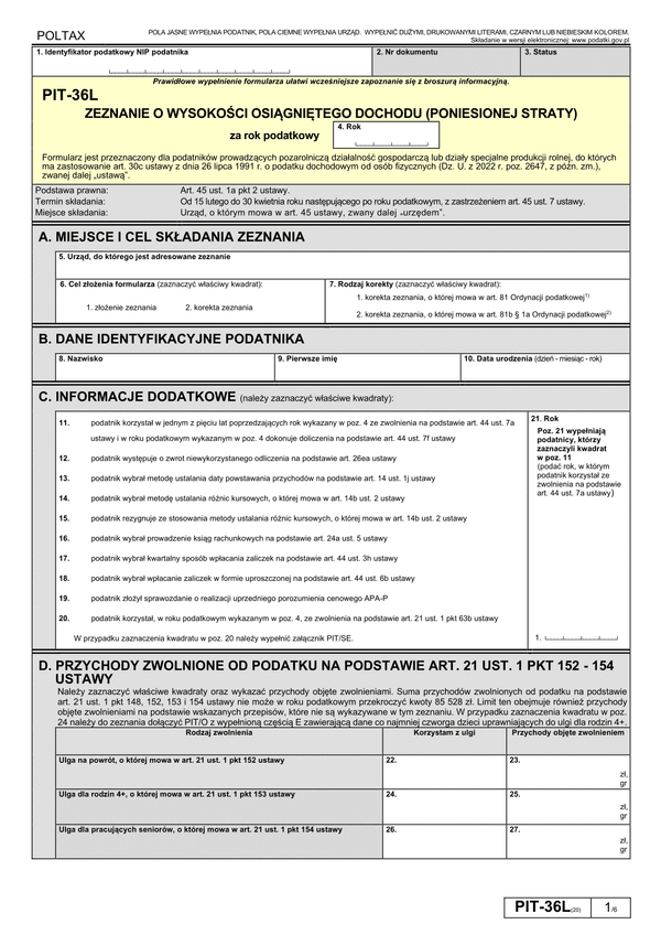 Deklaracja PIT-36L - podatek liniowy